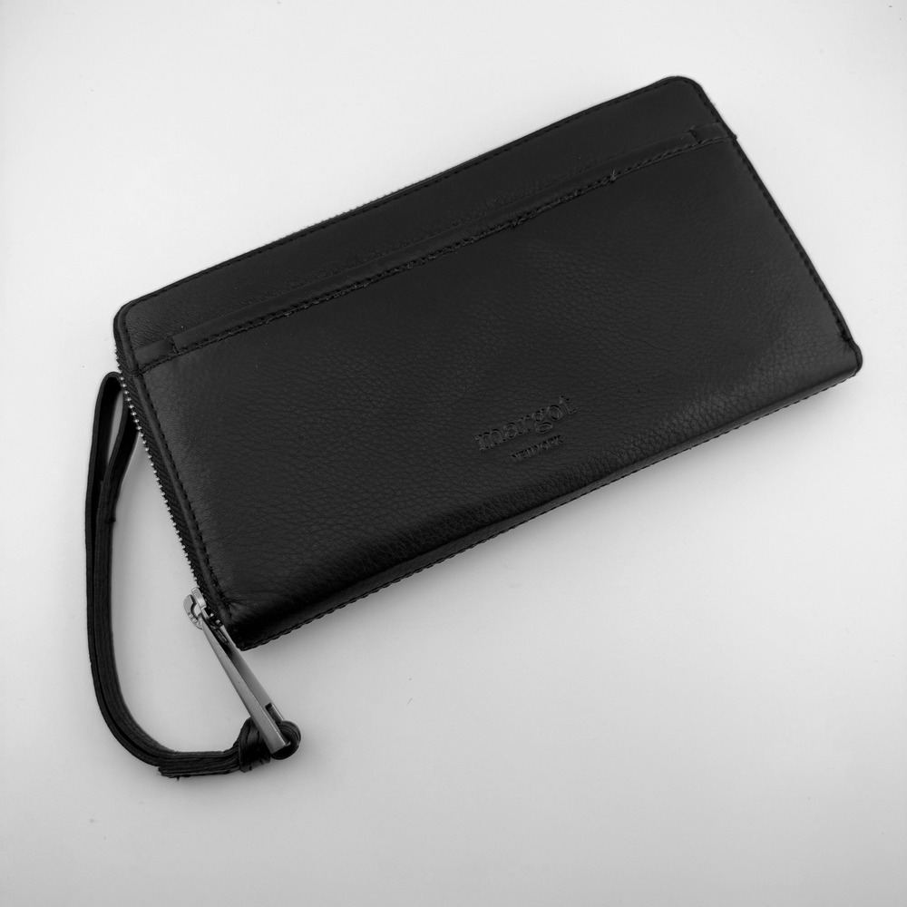 Margot New York Zip Around Wallet 8x4.5" Black Leather Wristlet Gold Hardware